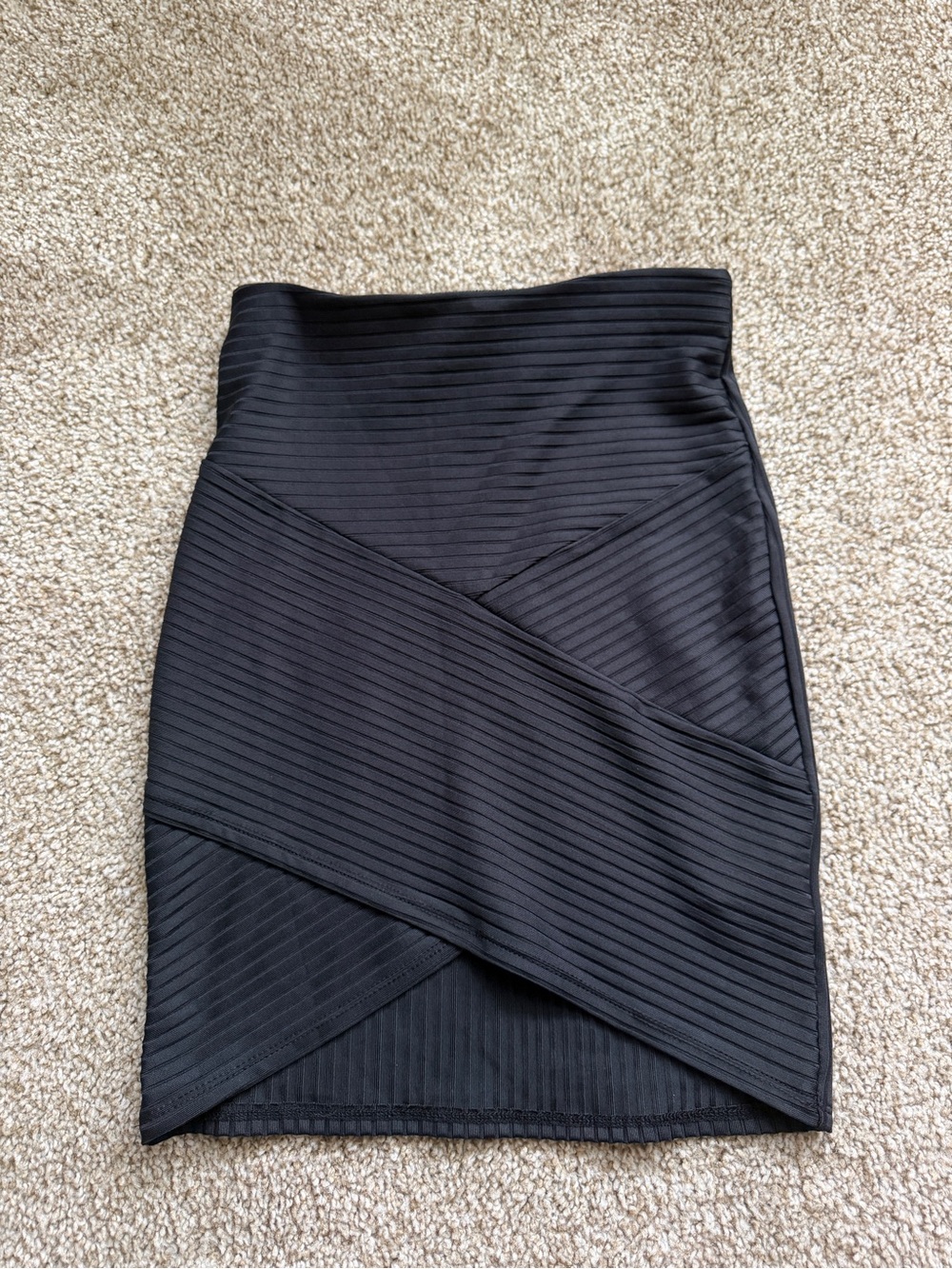 Divided Black Ribbed Wrap-Panel Pencil Skirt